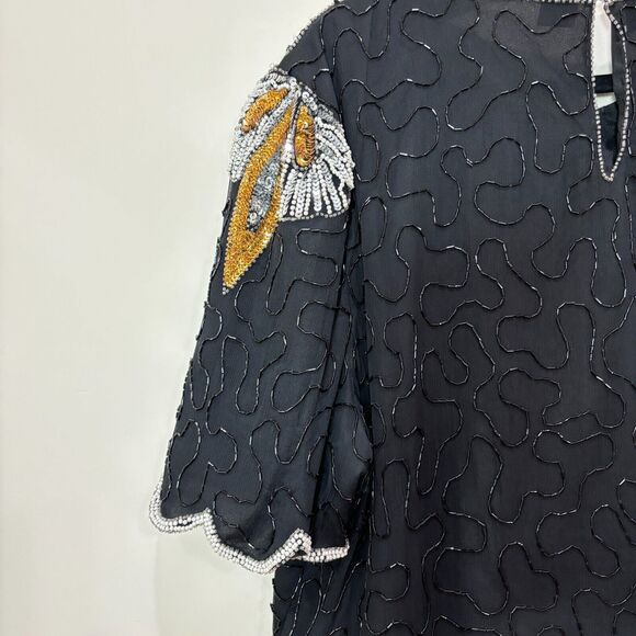 Vintage Denise Elle Beaded Sequin Top Womens 3X Gold Black Disco 80s Art Deco - Picture 9 of 13